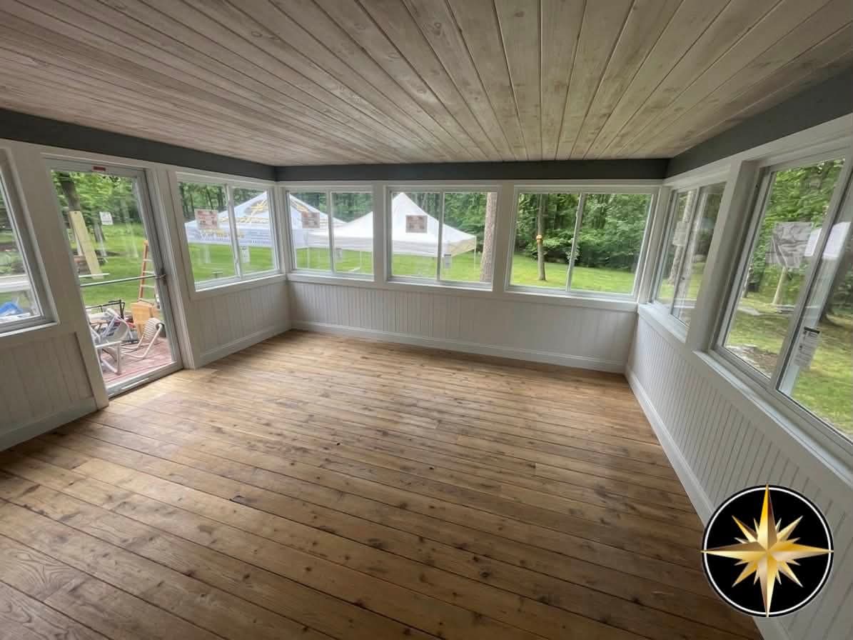 Atkinson Sunroom Interior, Pine Ceiling & Window Wall